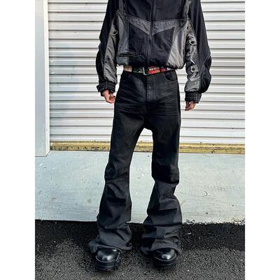 美式高街ro风黑胶涂层修身微喇牛仔裤男潮BootCut刷蜡堆积拖地裤