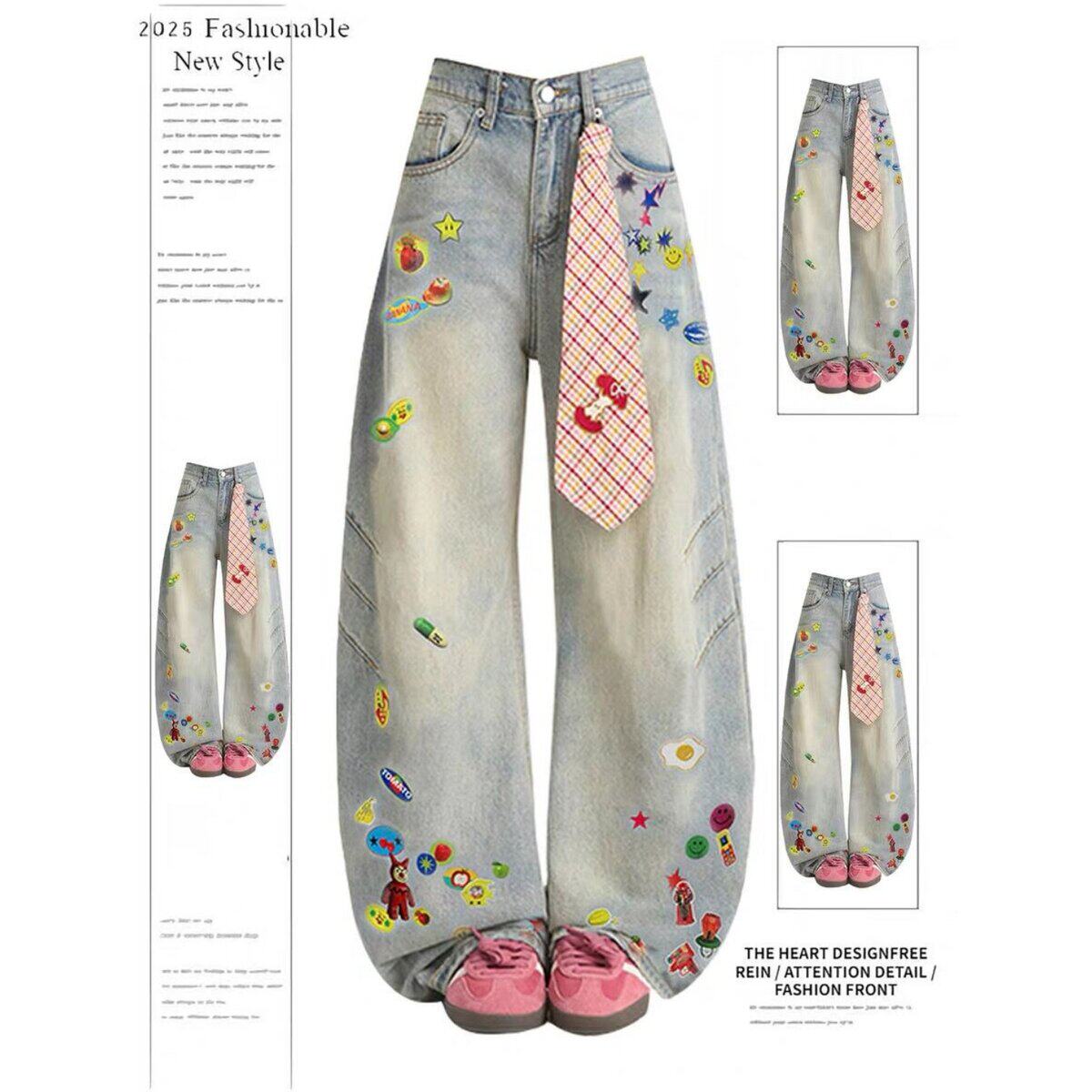美式复古水洗做旧卡通贴纸印花弯刀牛仔裤女阔腿宽松垂感拖地长裤
