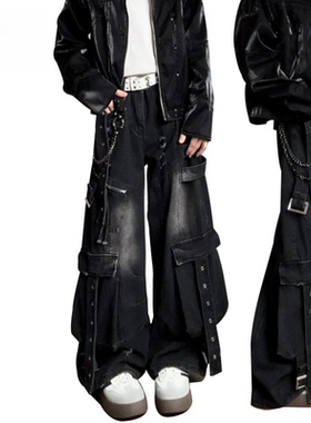 2026秋冬美式街头多口袋阔腿牛仔裤重工水洗男女通用高街长裤