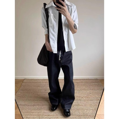 美式复古高街排扣设计bootcu黑色弯刀牛仔裤阔腿宽松长裤子男女潮