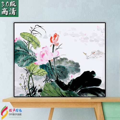 数字油画diy丙烯填充手绘减压填色荷花花卉装饰画荷塘诗韵 彩板