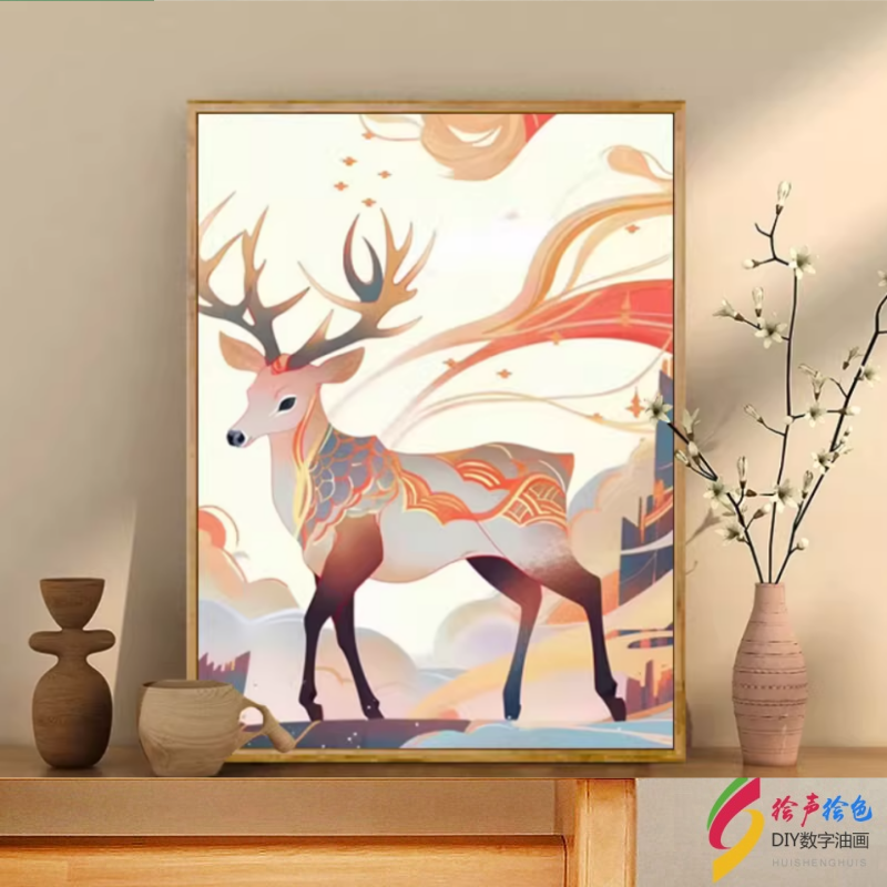 敦煌七色鹿数字油画diy填充填色高级感丙烯画装饰油彩画彩色鹿画