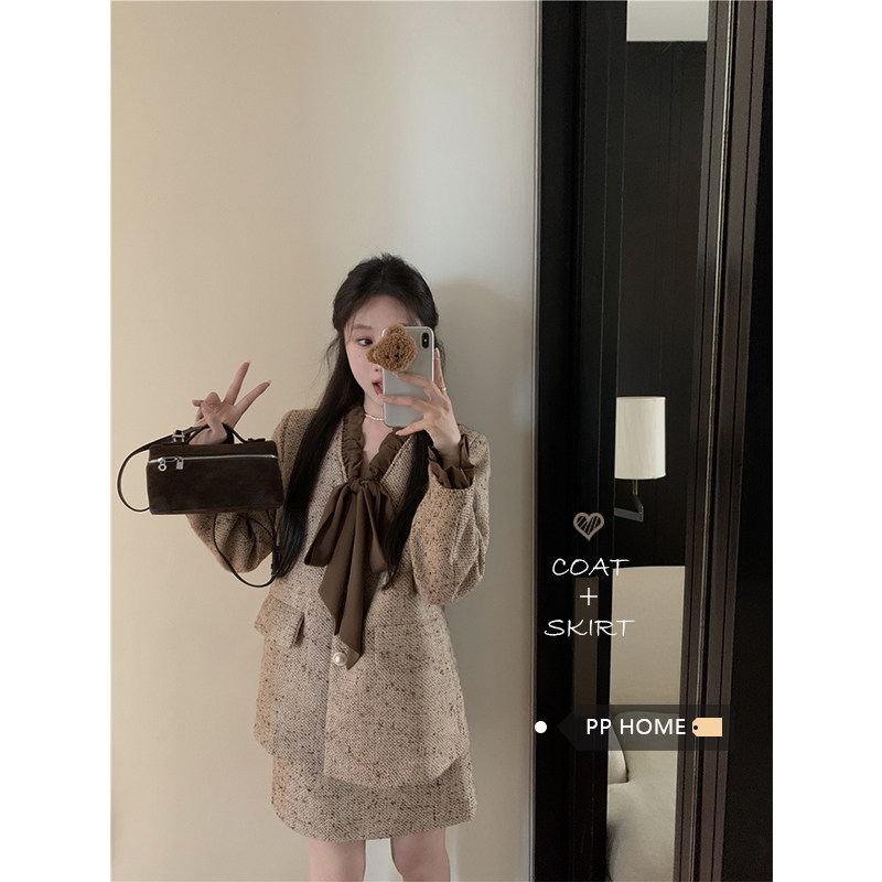 日本offcat小香风套装女秋冬法式蝴蝶结系带西装外套a字半身裙两