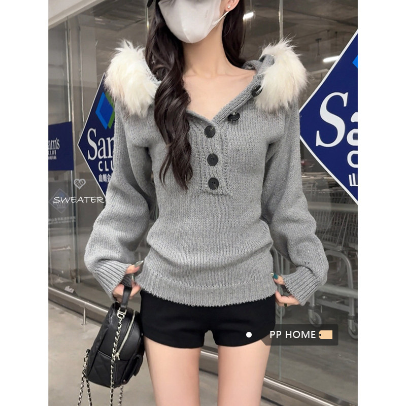 日本offcat灰色大毛领连帽毛衣外套女秋季韩系亨利领收腰针织开衫
