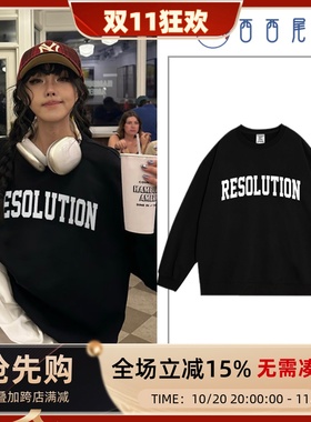 日本offcat美式复古黑色圆领卫衣女秋冬2025新款高中生学院风宽松