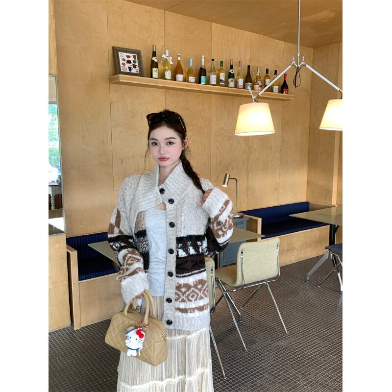日本offcat高领费尔岛提花宽松毛衣针织开衫女秋季网纱半身裙温柔