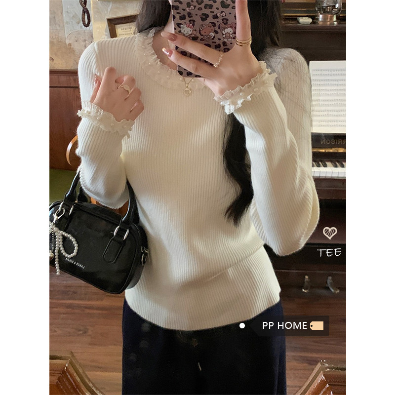 日本offcat温柔风蕾丝花边钉珠长袖针织衫女秋季修身内搭毛衣打底
