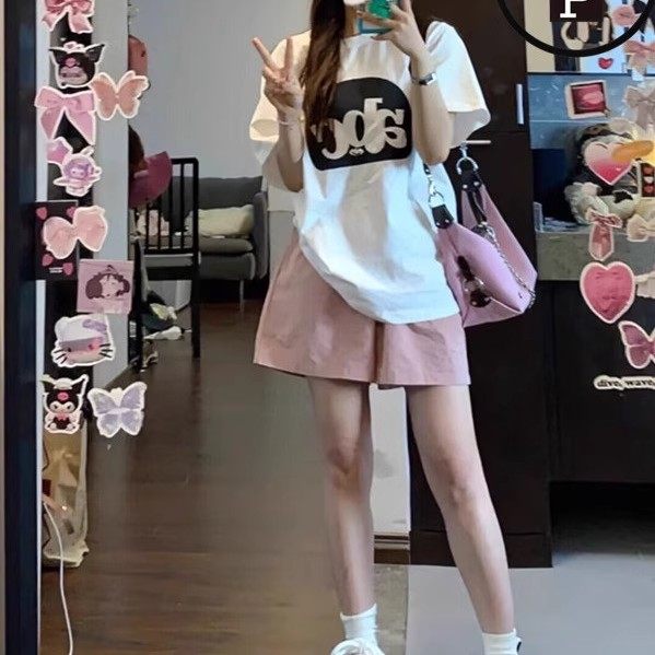 日本GP新款粉色a字工装短裤女款夏季高腰显瘦三分裤运动休闲宽松