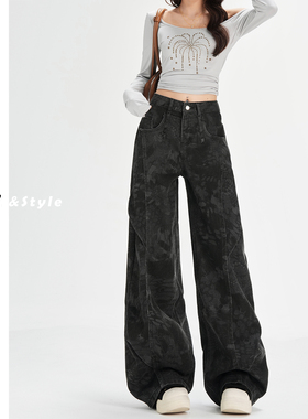 日本offcat黑灰色弯刀工装牛仔裤女2025秋冬新款阔腿宽松显瘦印花