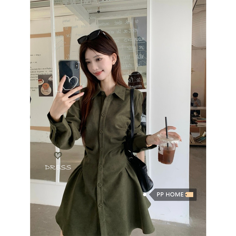 日本offcat法式polo领绿色衬衫连衣裙女秋季别致气质褶皱收腰a字