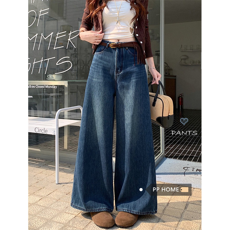 日本offcat深蓝色复古加绒牛仔裤女秋冬高腰直筒阔腿裤小个子显瘦