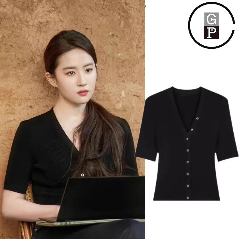 日本GP刘亦菲同款黑色v领针织短袖t恤女款夏气质显瘦简约螺纹上衣