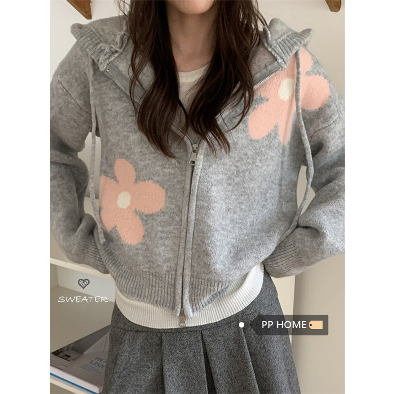日本offcat加厚灰色花朵提花连帽针织开衫毛衣女秋季韩系宽松软糯