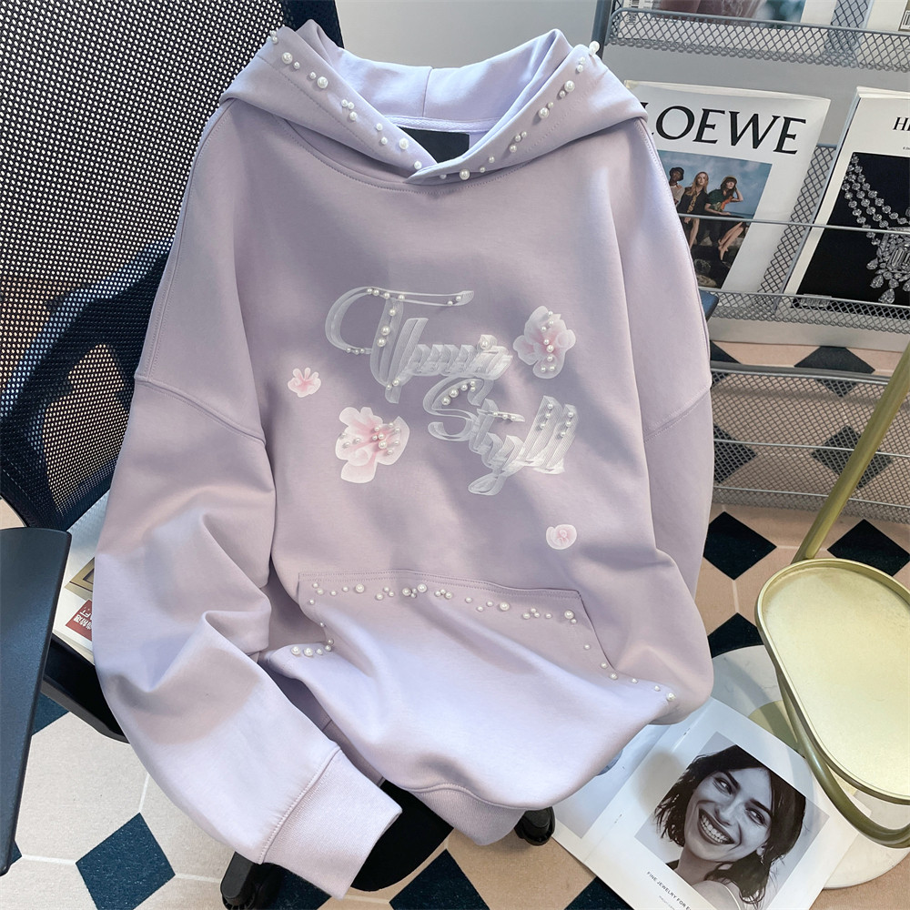 日本offcat美式紫色潮牌重工钉珠连帽卫衣女秋冬新款加绒加厚设计