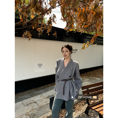 日本offcat高级感气质大翻领收腰毛衣外套女秋冬季灰色中长款外搭