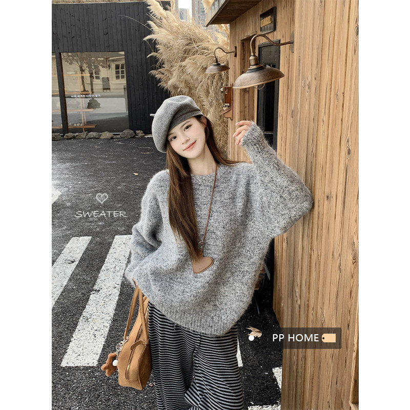 日本offcat软糯宽松圆领杂色毛衣女秋冬休闲百搭慵懒风长袖针织衫