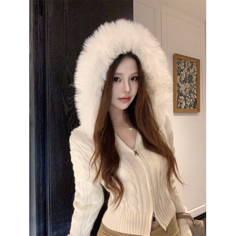 日本offcat辣妹双拉链毛领短款毛衣外套女秋季设计感修身麻花针织