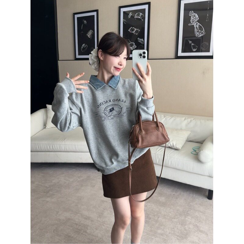 日本offcat假两件polo领印花卫衣女秋季韩系小个子灰色加绒加厚短