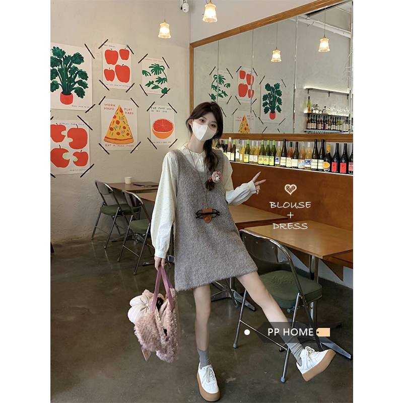 日本offcat小个子甜美套装女秋季韩系宽松显瘦针织背心裙叠穿波点