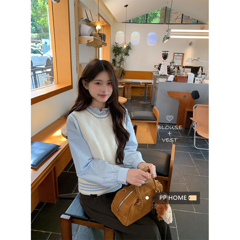 日本offcat韩系秋冬甜美气质条纹设计感显瘦马甲蓝色衬衫两件套女