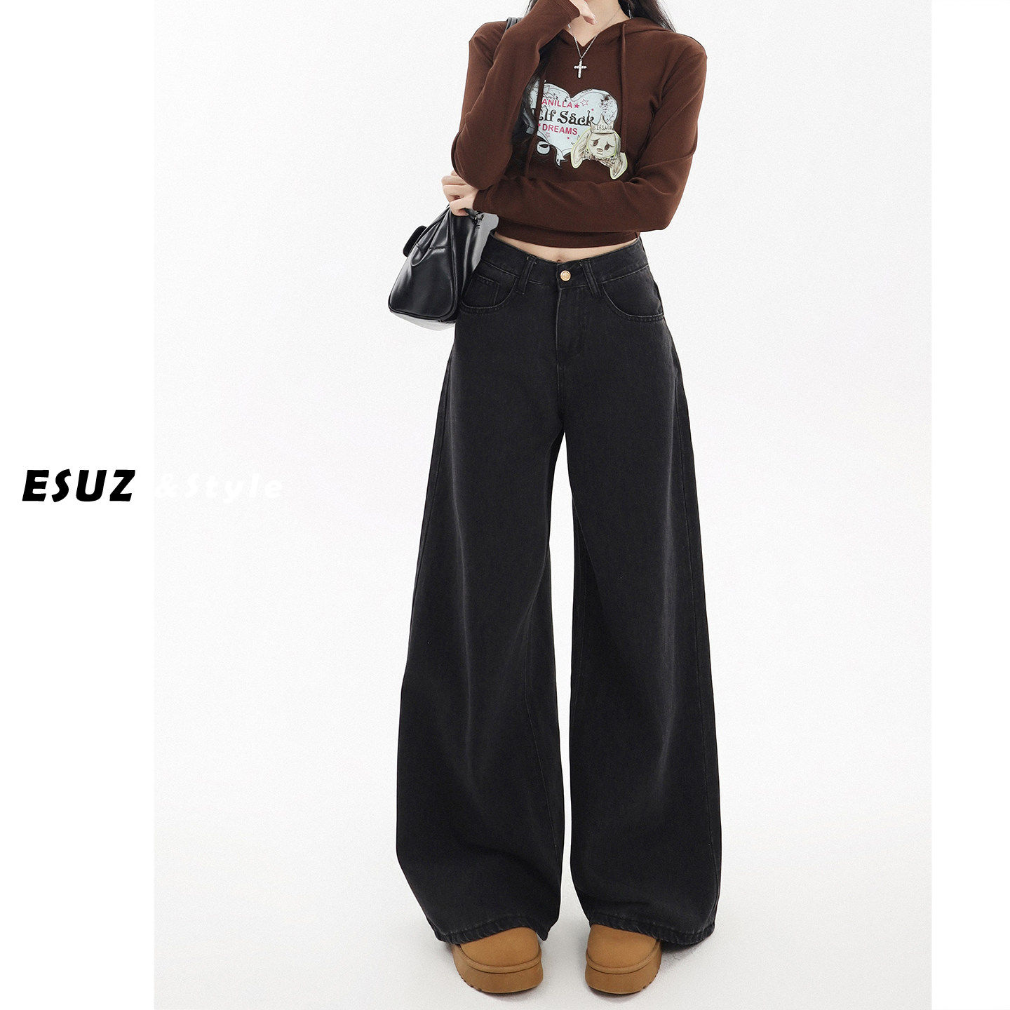 日本offcat黑灰色阔腿加绒牛仔裤女秋冬新款宽松显瘦小个子加长拖