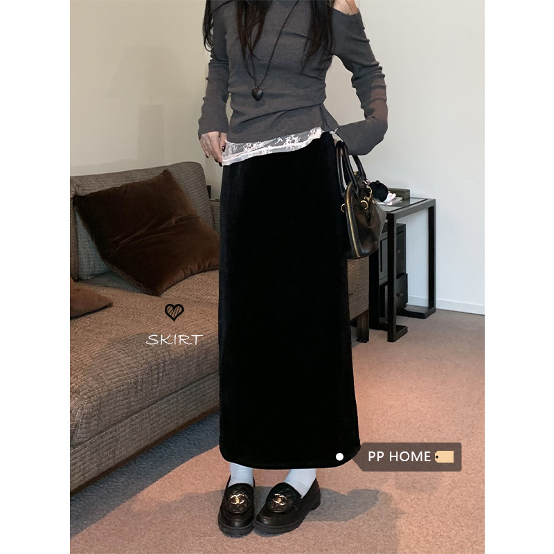 日本offcat黑色开叉丝绒半身裙女秋冬加绒加厚高腰a字直筒裙显瘦