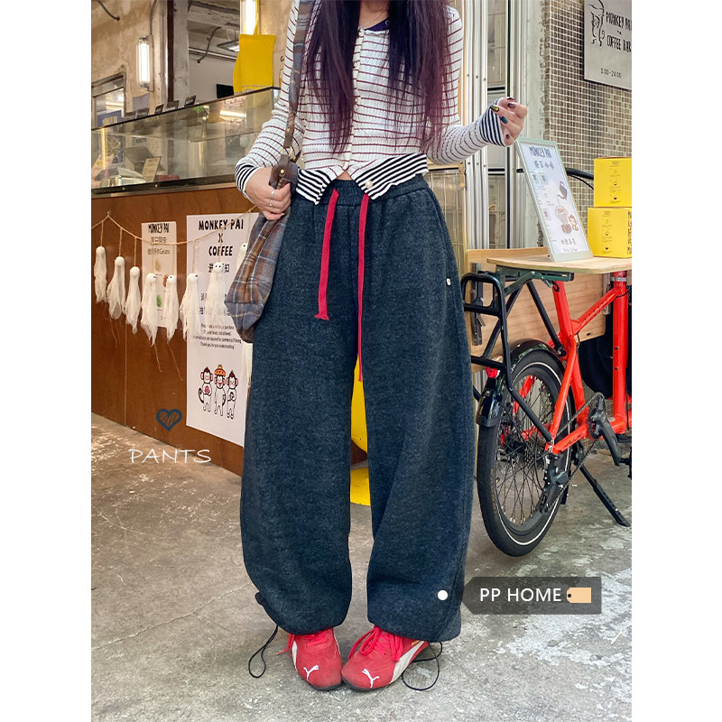 日本offcat加绒加厚束脚休闲裤女秋冬慵懒松紧腰抽绳宽松阔腿长裤