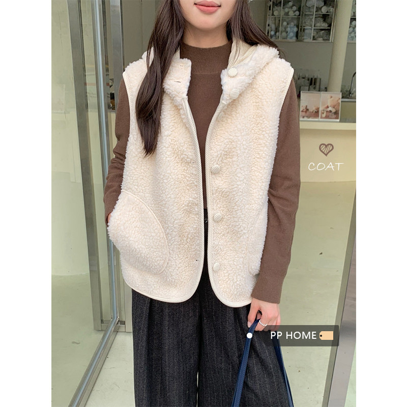 日本offcat加厚保暖连帽羊羔毛马甲女秋冬韩系灯芯绒拼接毛毛马夹