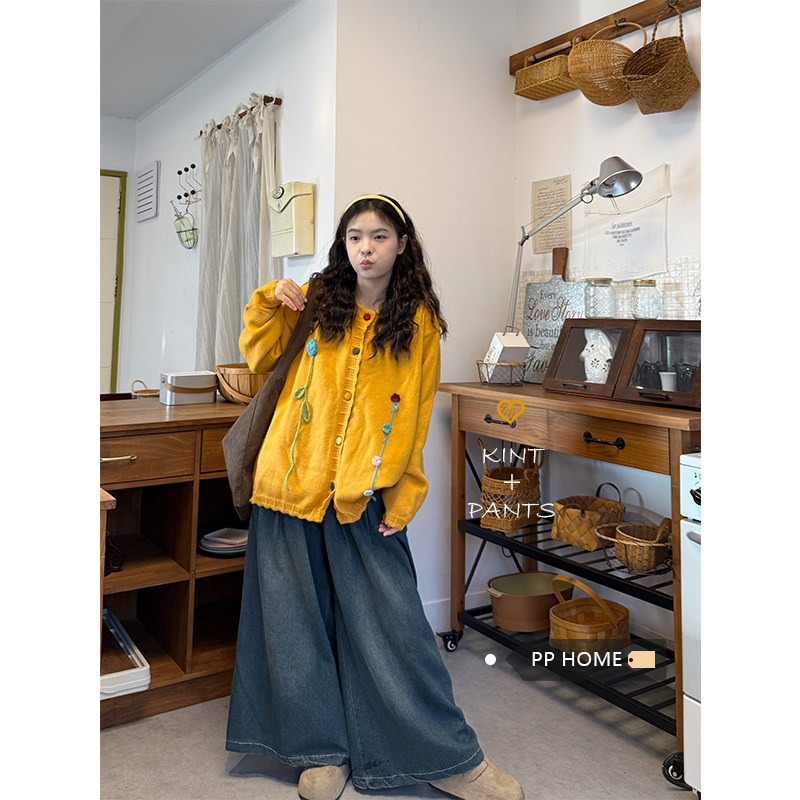 日本offcat甜美立体花朵黄毛衣外套女秋冬温柔风软糯宽松休闲针织