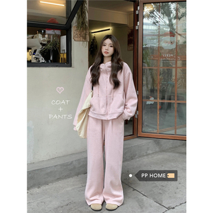 日本offcat运动风连帽加绒卫衣外套女秋冬休闲套装粉色阔腿长裤两