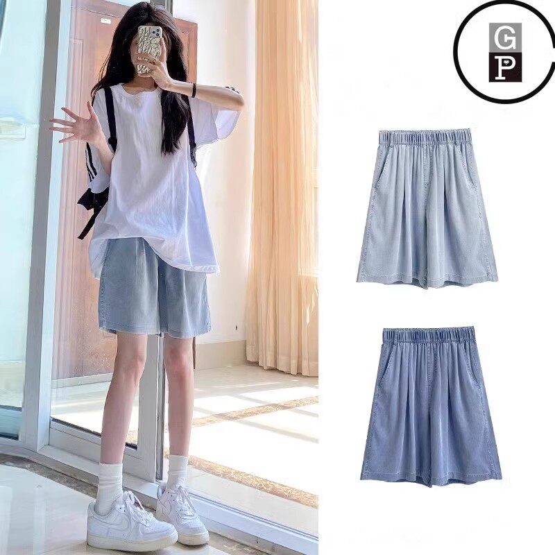 日本GP新款天丝牛仔短裤女夏薄款高腰宽松显瘦百搭休闲阔腿五分裤