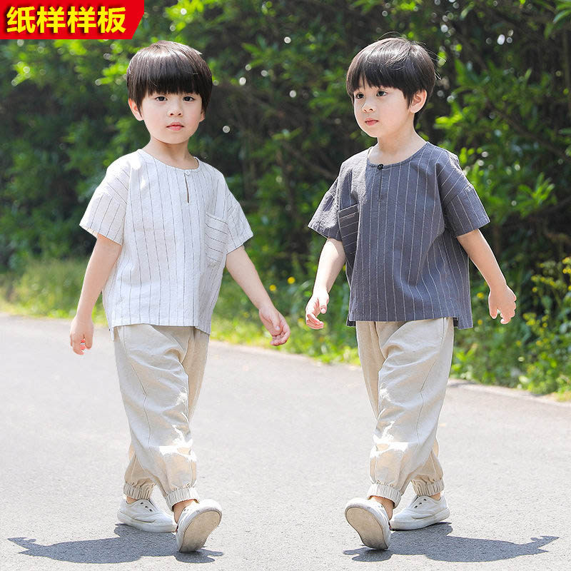 服装裁剪纸样男童夏装复古亚麻套装落肩短袖上衣休闲哈伦长裤样板