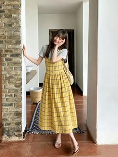 夏日绝美俏皮女短袖T恤黄色格子吊带连衣裙学院风两件套装夏季