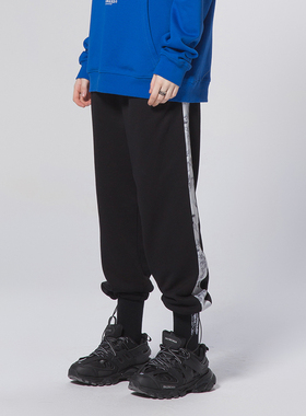 【特价】国潮印花串标织带运动裤 黑色松紧腰抽绳宽松束口休闲裤