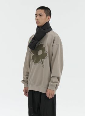 UMBNESS 22AW植绒印花卫衣男咖色重磅450G纯棉小领口圆领上衣秋冬