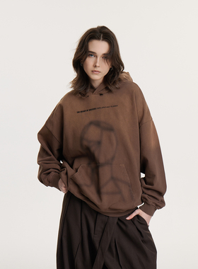 UMBNESS重磅450g渐变水洗破坏做旧连帽卫衣宽松废土风廓形帽衫潮