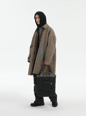 UMBNESS 双面穿长款复古棕色格子羊毛呢大衣潮牌宽松翻领风衣外套