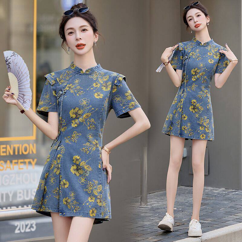 新中式国风牛仔旗袍套装短裤女夏网红洋气流行小个子两件套超好看