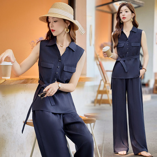 夏季时尚洋气减龄休闲阔腿裤套装女装轻奢高级感女人味棉麻两件套