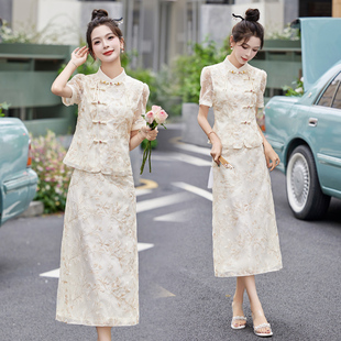 2025夏季新中式国风盘扣套装女装高级感刺绣上衣半身裙显瘦两件套