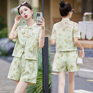 2025夏季新款新中式国风女装短裤套装绣花盘扣小香风两件套高级感