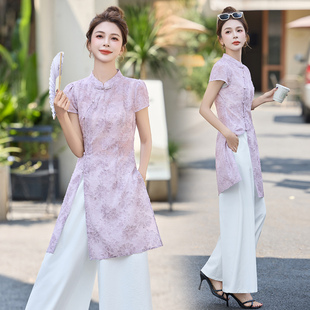 2025年夏季新款新中式女装国风套装短袖旗袍上衣阔腿裤两件套显瘦