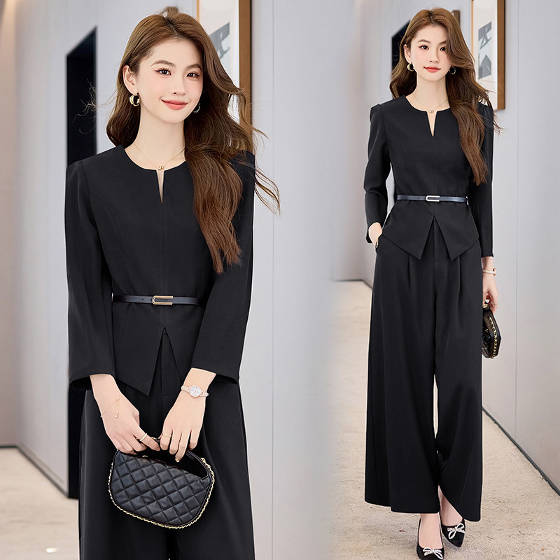 时尚气质套装女2025秋季洋气显瘦V领上衣高腰阔腿裤两件套设计感