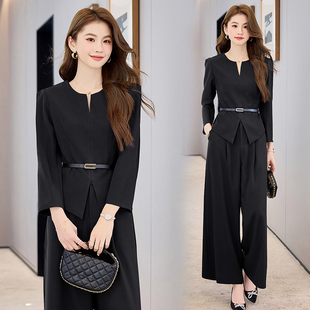 时尚气质套装女2025秋季洋气显瘦V领上衣高腰阔腿裤两件套设计感