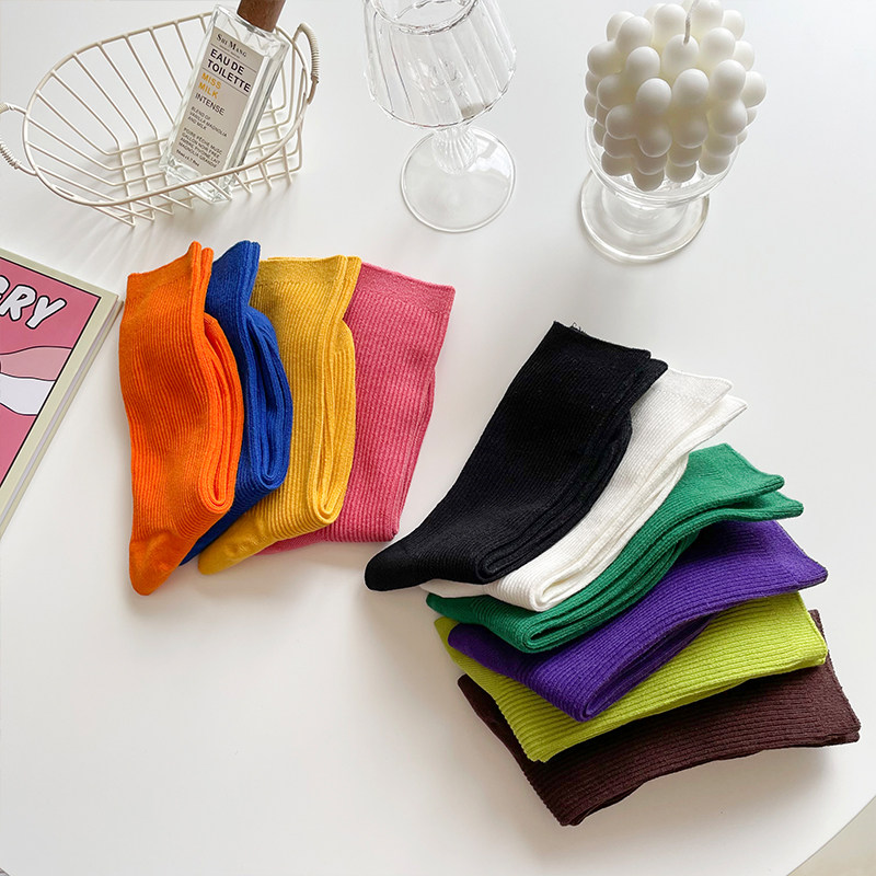 彩色长筒袜子女纯棉打底中筒袜ins潮纯色韩版基础款糖果色堆堆袜