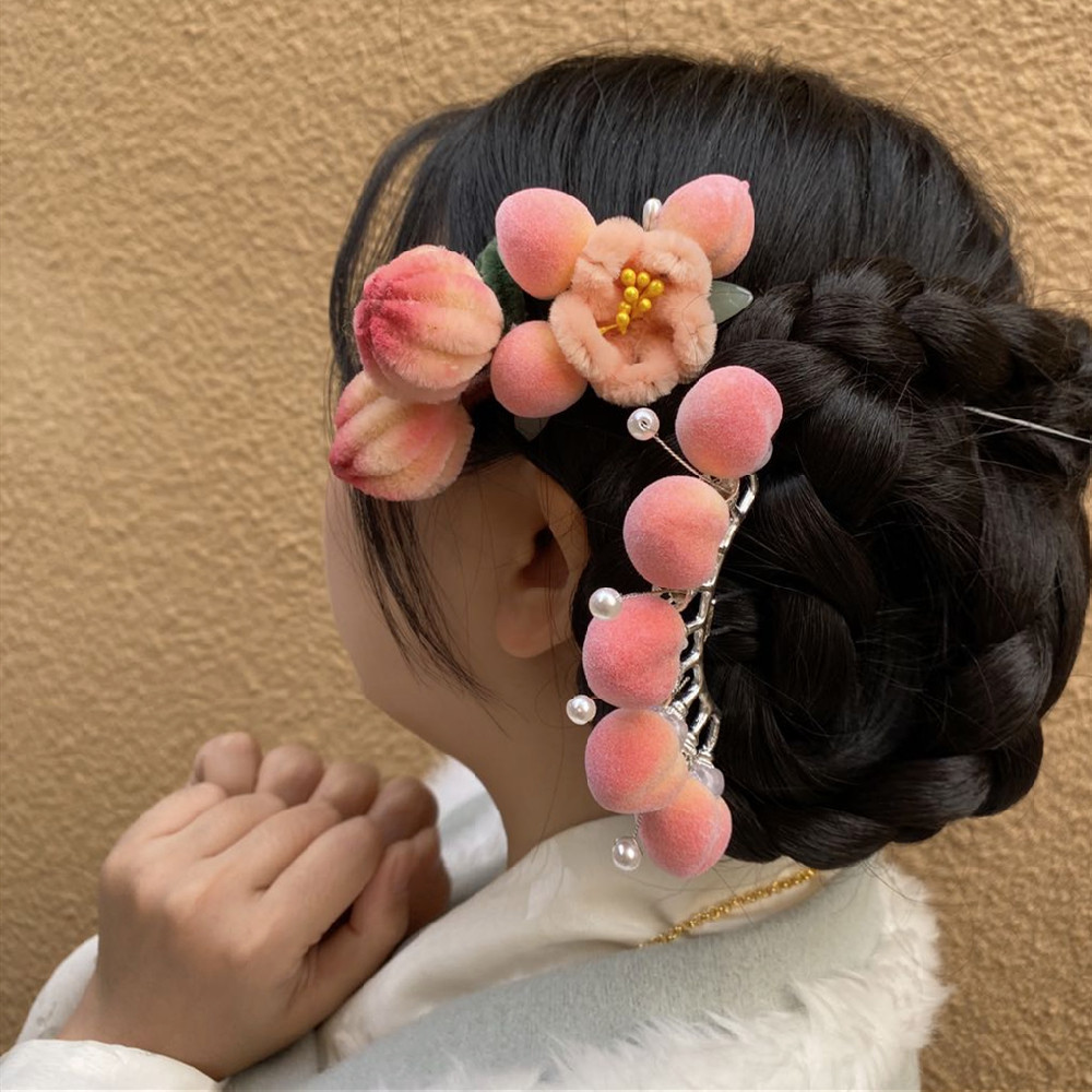 汉服配饰仿真绒花小桃子排钗发簪古风头饰{芝芝桃桃}