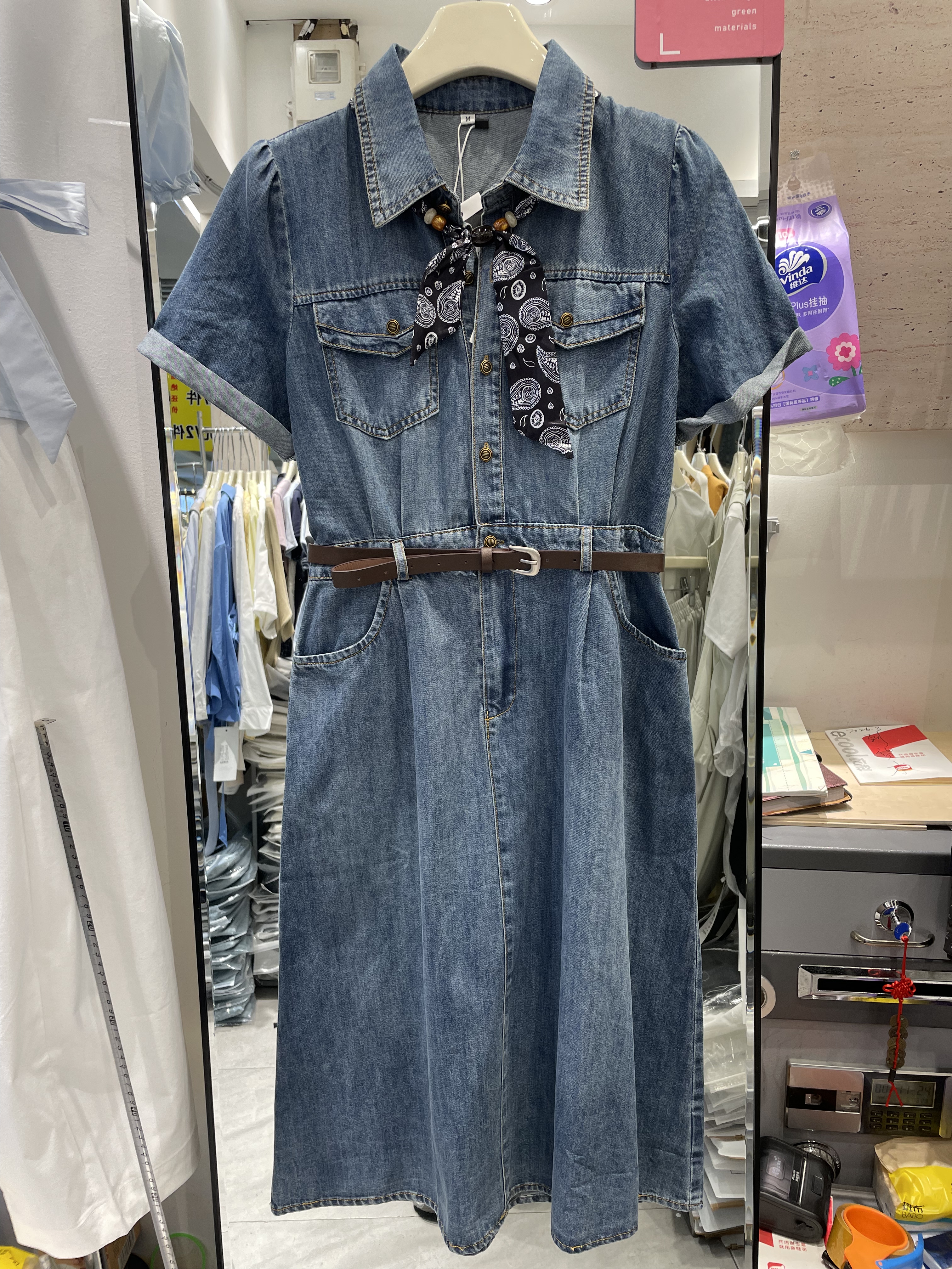 火辣家70761夏新品时尚百搭牛仔连衣裙女中长款收腰显瘦牛仔裙潮