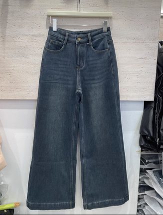 竹子家855冬季加厚时尚百搭显瘦减龄高腰弹力牛仔女阔腿裤长裤子