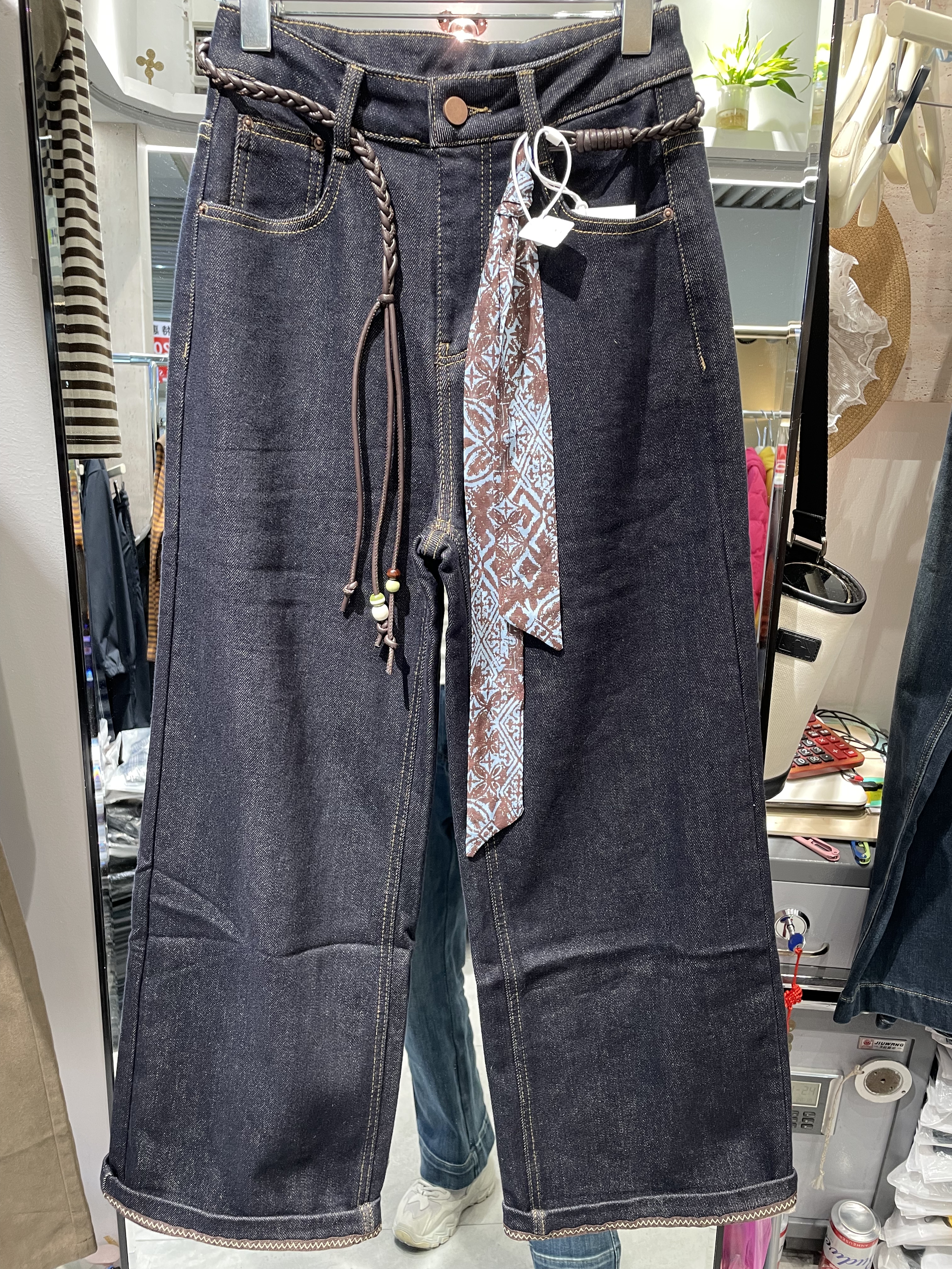 梦佳瑶7572冬加厚韩版高腰显瘦直筒腰带牛仔宽松阔腿翻边直筒女裤