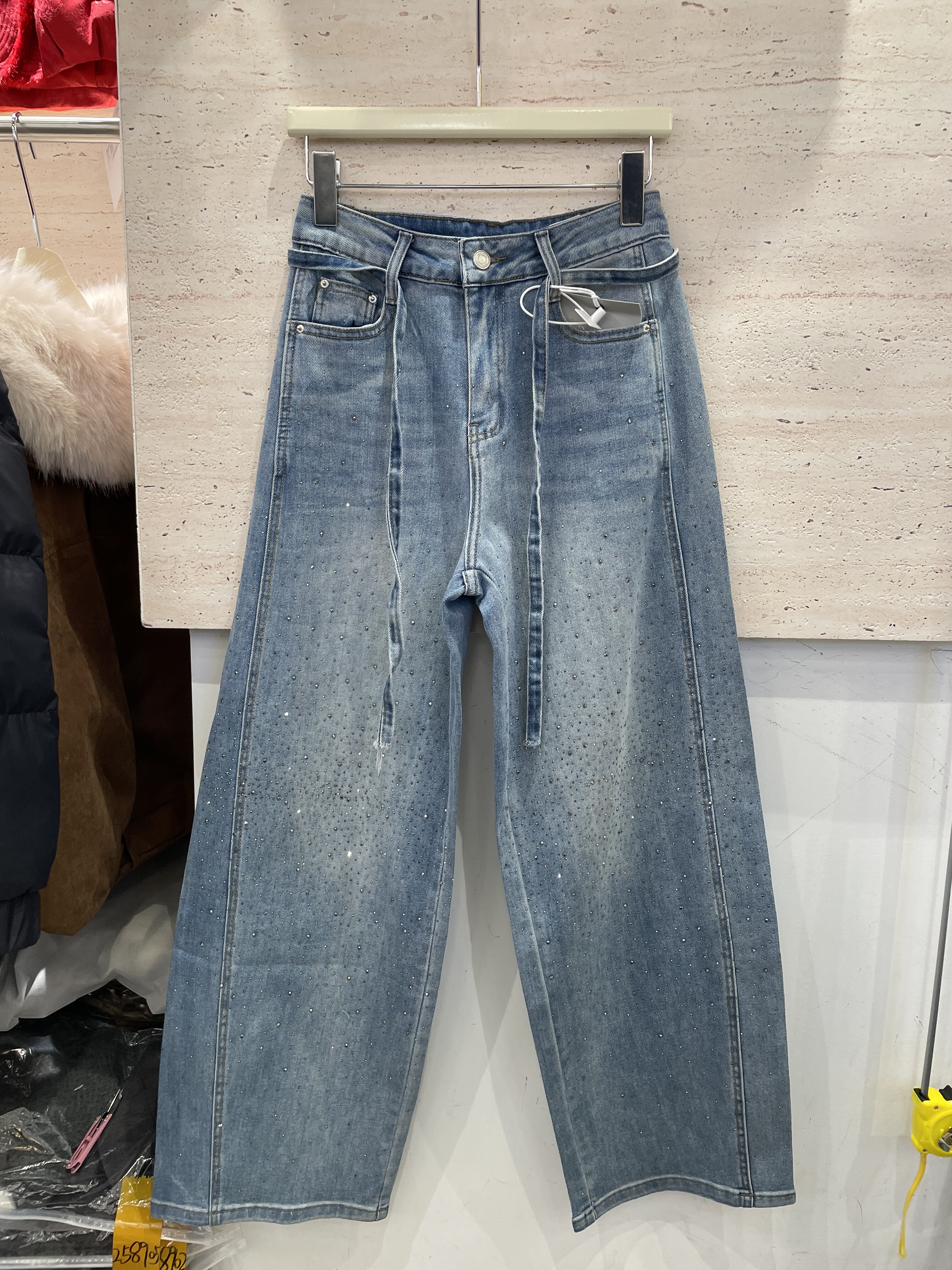 梦佳瑶7395春秋洋气美式复古满天星烫钻阔腿女宽松弯刀直筒女裤子